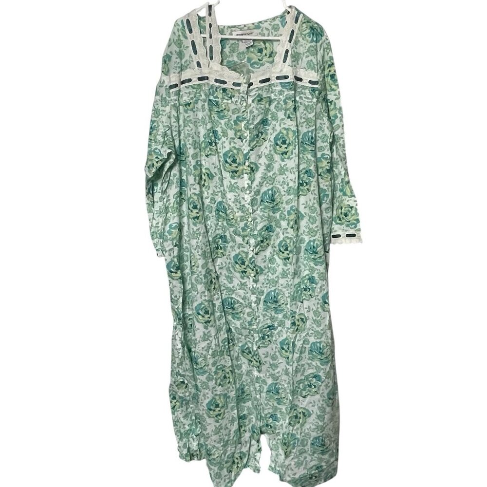 Dreams & Co Breezy Long Nightgown & Robe Set Floral 2X Green Lace New